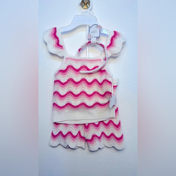 Girls Ruffled Tank Top & Crochet Shorts Pink and White Zigzag Set size 6 - Picture 1 of 7